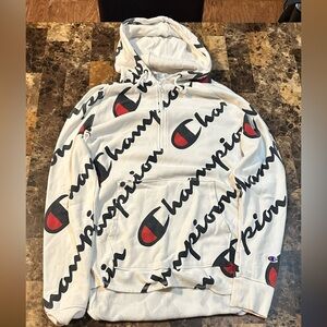 Champion White Hoodie with Script Logo Quarter Zip pullover pocket